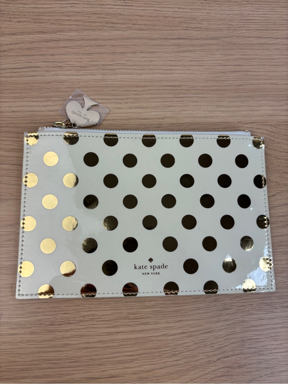 Kate Spade Polka Dot Pouch White Gold Metallic Patent Leather Zip‎ Clutch Pouch